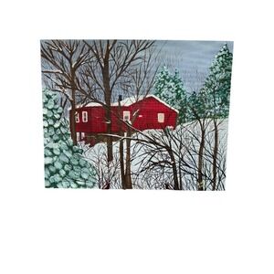 Hand Painted Snowy Red Cabin in‎ the Woods Painting Pine Trees Snow Winter 16x20